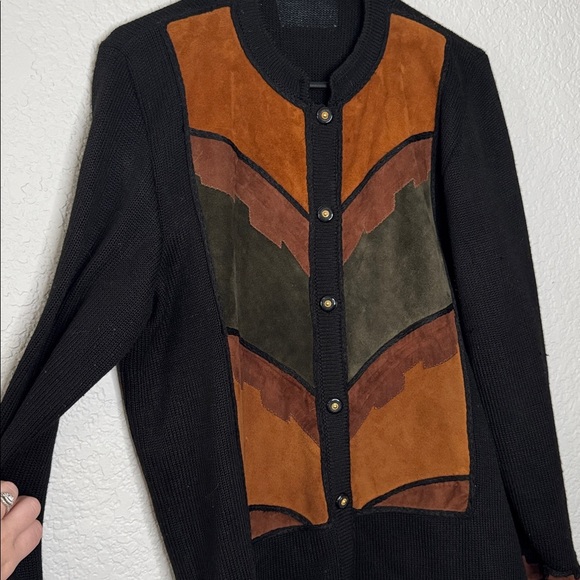Vintage Knit Button-Up Sweater Jacket Suede Chevron Retro Western 70s Sz Medium - Picture 3 of 6